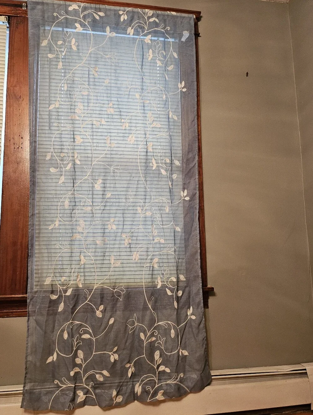 Light Blue Sheer Curtain Panel with Cream Vine Embroidery - Home Accents